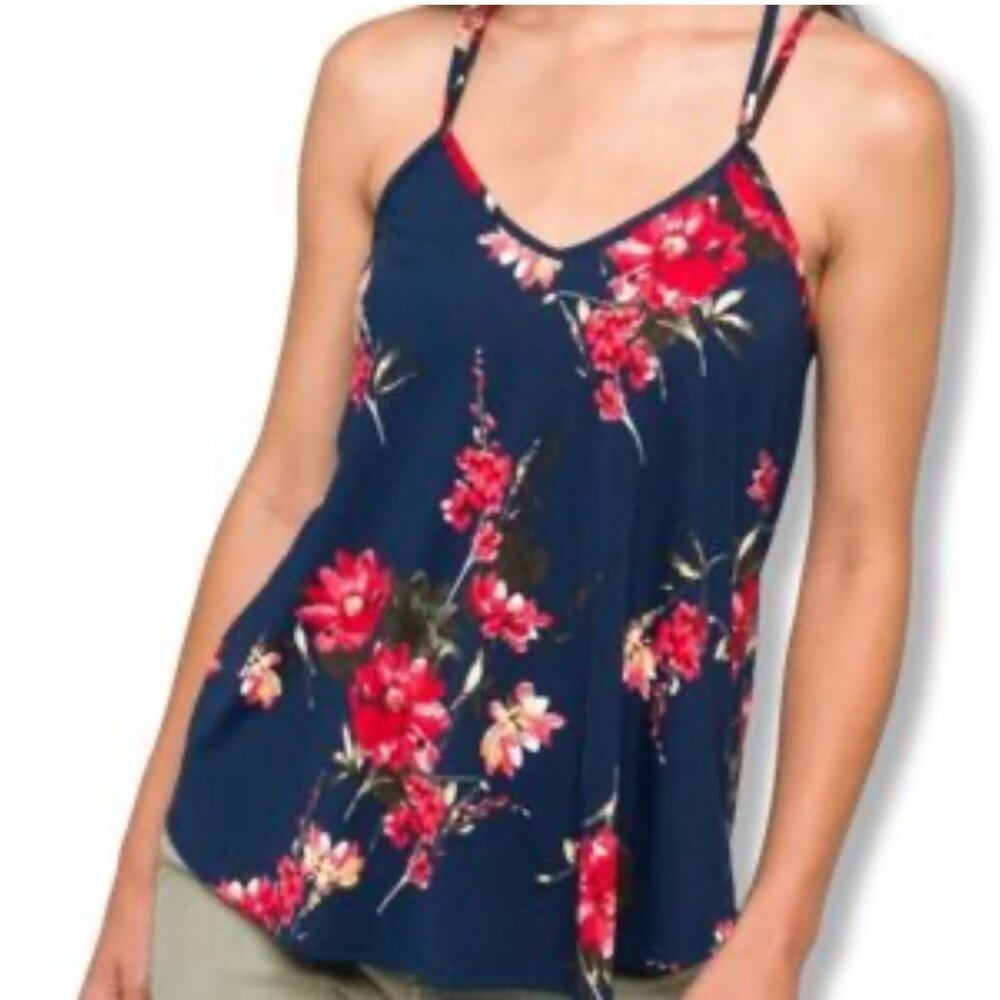 Paper Moon Basima NWT Floral Double Strappy Tank Top Sz 3XL Womens Navy Blue & R